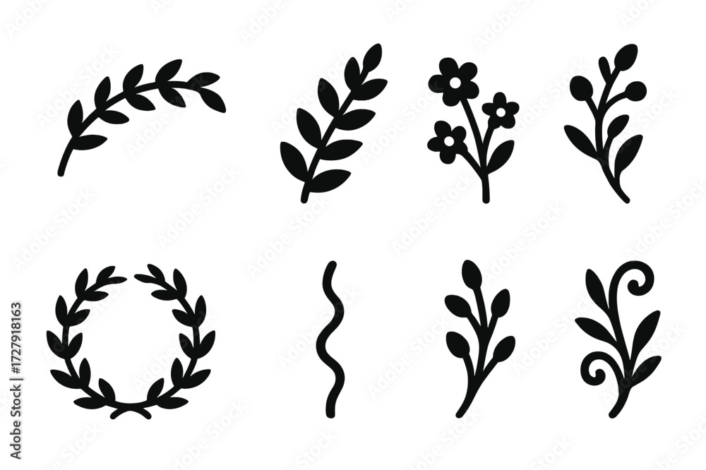 Fototapeta premium Decorative Branch Icons. Solid, filled icon set of decorative branches: curved branch, leafy twig, floral branch, branch with berries, branch wreath, twisted