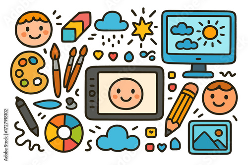 Creative Kids' Digital Artwork. Digital painting. Colorful Hand-drawn doodle Children illustration Tablet, stylus, paint palette, brushes, computer, monitor,