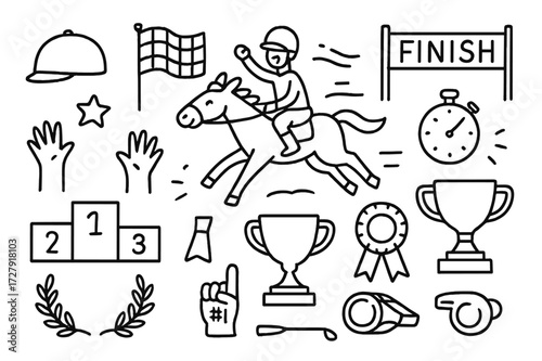 Horse Racing Icons. Hand-drawn doodle illustration Horse race winner horse, jockey helmet, flag, finish line, stopwatch, ribbon, star, cheering hands, podium,
