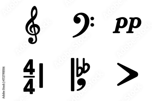 Orchestral Music Icons. Solid, filled icon set of orchestral sheet music elements: treble clef, bass clef, forte symbol, pianissimo, time signature, key