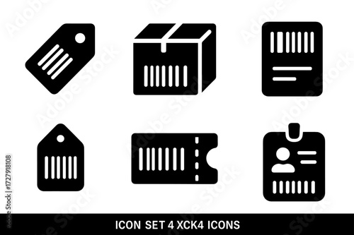 Barcode Icon Set. Solid, filled icon set of barcode usage: product label, inventory box, shipping label, price tag, ticket barcode, membership card, coupon