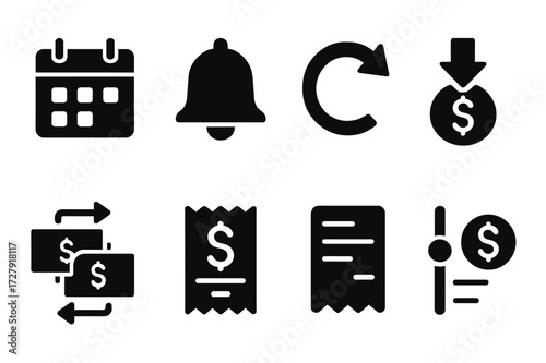 Loan Repayment Icons. Solid, filled icon set of loan repayment: payment calendar, due date bell, repayment arrow, debt reduction, money transfer, installment