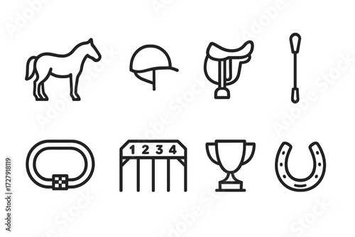 Equestrian Icon Set. Outline icon set of equestrian sport: horse, jockey helmet, saddle, whip, race track, starting gate, trophy, horseshoe. Line icons in only