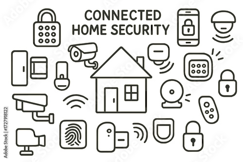 Connected Home Security Icons. Hand-drawn doodle illustration Connected home security Smart lock, security camera, smartphone, keypad, motion sensor, alarm