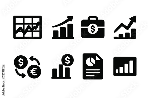 Financial Chart Icons. Solid, filled icon set of financial charts: stock chart, profit growth, investment portfolio, market trend, currency exchange, dividend