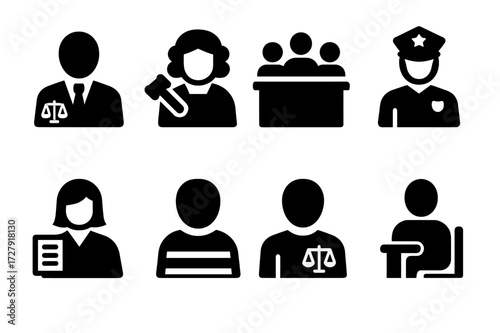 Legal Roles Icons. Solid, filled icon set of legal roles: lawyer, judge, jury, police officer, paralegal, defendant, plaintiff, witness. [Line icons in only