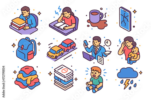 Colorful Personal Struggles Icons. Personal struggles. Colorful isometric vector icons set of Personal struggles: overworked person, stressed student, spilled