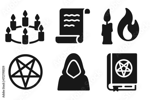 Fear Ritual Icons. Solid, filled icon set of fear-based rituals: circle of candles, chant scroll, ritual dagger, dripping wax, pentagram, robed figure, black