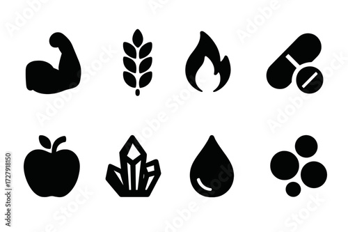 Rice and Beans Icons. Solid, filled icon set of rice and beans nutrition: protein, fiber, calories, vitamins, minerals, carbohydrates, healthy fats,