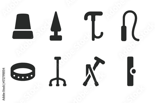 Cane Accessories Icons. Solid, filled icon set of cane accessories: rubber tip, spike tip, cane holder, wrist strap, decorative ring, cane stand, folding