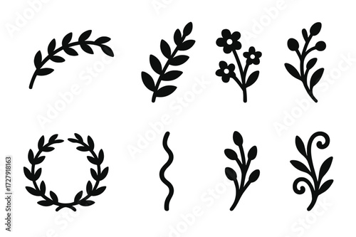 Decorative Branch Icons. Solid, filled icon set of decorative branches: curved branch, leafy twig, floral branch, branch with berries, branch wreath, twisted