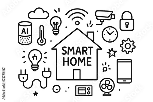 Smart Home Doodle. Hand-drawn doodle illustration Smart home with AI smart speaker, light bulb, thermostat, plug, cloud, WiFi symbol, house, camera, lock,