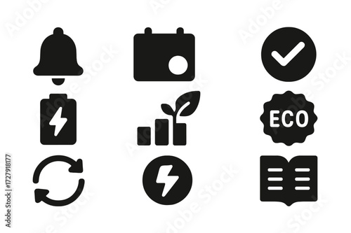 Eco Mode Icon Set. Solid, filled icon set of eco mode alerts and reminders: notification bell, calendar reminder, green checkmark, low power alert, energy