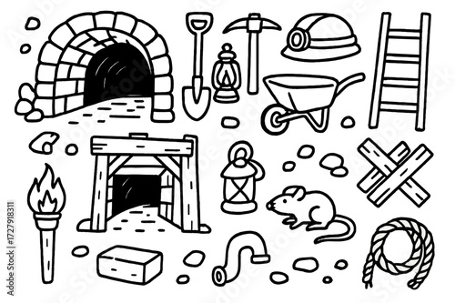 Underground Tunnel Icons. Hand-drawn doodle illustration Underground tunnels entrance arch, tunnel passage, lantern, shovel, pickaxe, helmet, wheelbarrow,