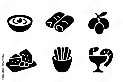 Party Appetizers Icons. Solid, filled icon set of party appetizers: hummus, stuffed grape leaves, mini pita, olives, cheese platter, nuts bowl, vegetable
