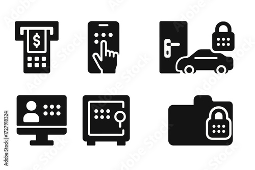 PIN Security Icons. Solid, filled icon set of PIN usage scenarios: bank ATM, mobile payment, smart home lock, office door, car security, online account, vault