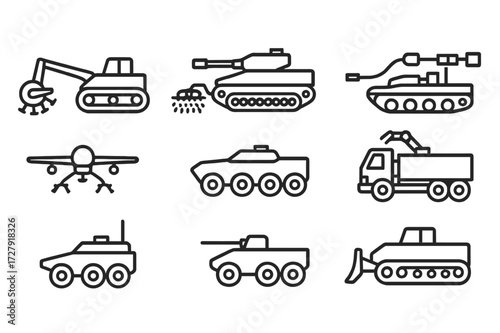 Mine Vehicle Icons. Outline icon set of mine-related vehicles: mine roller, mine flail tank, mine clearing line charge, mine sweeping drone, armored personnel
