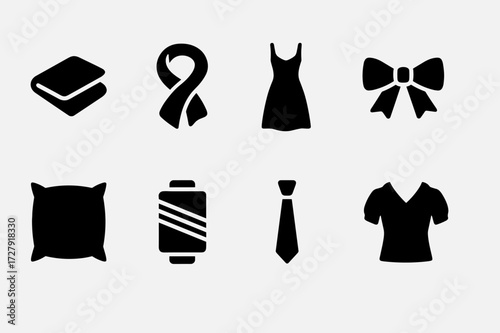 Silk Icon Collection. Solid, filled icon set of silk: silk fabric, silk scarf, silk dress, silk ribbon, silk pillow, silk thread, silk tie, silk blouse. Solid,