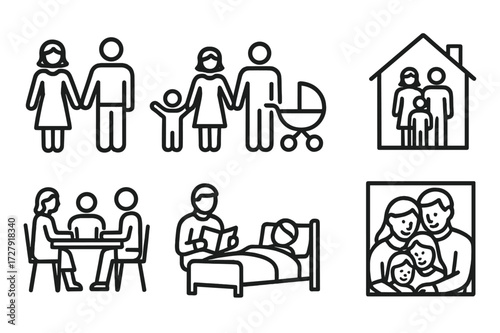 Family Icon Set. Outline icon set of parents and family: mother and father holding hands, parents with child, family home, stroller, family meal, bedtime