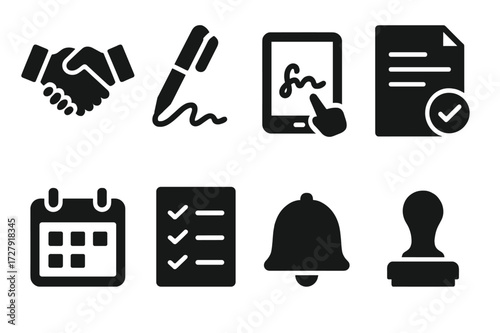 Contract Icon Set. Solid, filled icon set of contract signing process: handshake, pen signing, digital signature, contract document, calendar, checklist,