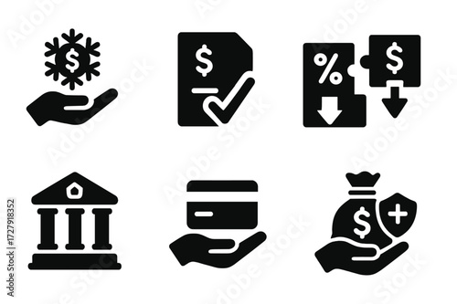Loan Bailout Icons. Solid, filled icon set of loan bailout: repayment freeze, loan forgiveness, interest reduction, debt restructuring, government loan, credit