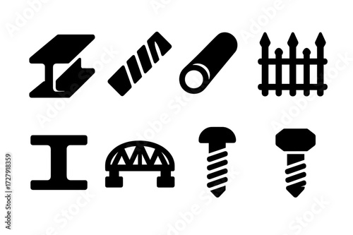 Iron Construction Icons. Solid, filled icon set of iron construction: iron beam, iron rebar, iron pipe, iron fence, iron girder, iron bridge, iron screw, iron