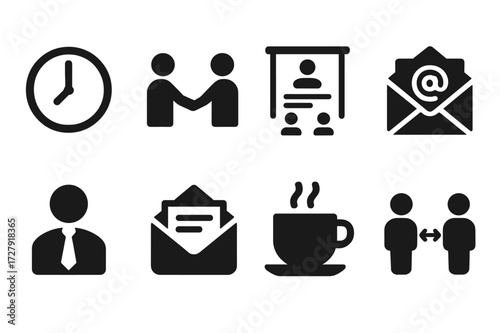 Polite Workplace Icons. Solid, filled icon set of polite workplace behavior: punctuality, respectful handshake, meeting agenda, email etiquette, dress code,