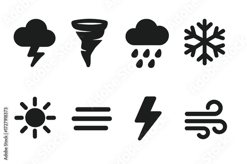 Wild Weather Icons. Solid, filled icon set of wild weather: thunderstorm, tornado, rain cloud, snowflake, sun, fog, lightning, wind. [Line icons in only black