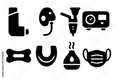 Breath Aid Icons. Solid, filled icon set of breath tools and aids: inhaler, oxygen mask, nebulizer, CPAP machine, nasal strips, mouth guard, humidifier, face
