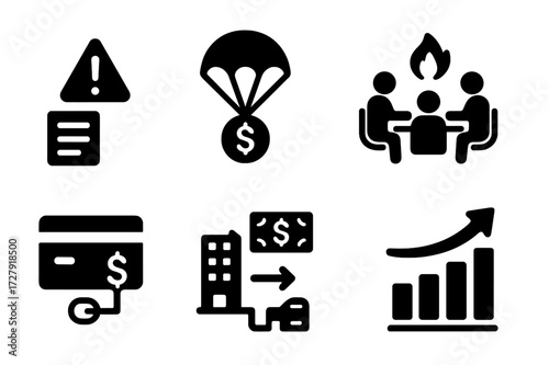 Crisis Management Icons. Solid, filled icon set of crisis management: risk assessment, bailout plan, emergency meeting, financial aid, credit line, asset
