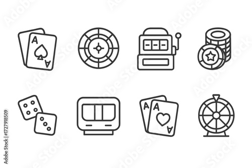 Casino Games Icons. Outline icon set of casino games: blackjack cards, roulette wheel, slot machine, poker chips, dice, craps table, baccarat cards, wheel of