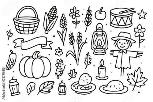Harvest Festival Icons. Hand-drawn doodle illustration Harvest festival pumpkin, corn, wheat, basket, apple, lantern, drum, ribbon, flower, sun, leaf, food