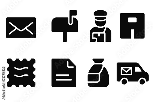 Mail Delivery Icons. Solid, filled icon set of mail delivery: envelope, postal box, postman, parcel, postage stamp, letter, mailbag, delivery van. [Line icons