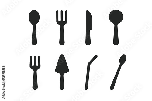 Dessert Utensils Icons. Solid, filled icon set of dessert utensils: spoon, fork, dessert knife, ice cream scoop, dessert fork, cake server, straw, cocktail