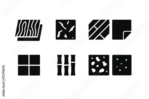 Ballroom Floor Icons. Solid, filled icon set of ballroom floor materials: hardwood, marble, laminate, vinyl, tile, bamboo, cork, polished concrete. Solid,