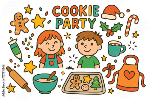Festive Cookie Celebration. Cookie party. Colorful Hand-drawn doodle Children illustration Gingerbread cookie, sugar cookie, icing tube, sprinkles, rolling