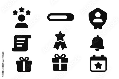 Loyalty App Icons Grid. Solid, filled icon set of loyalty app features: user levels, progress bar, loyalty tier, profile badge, history log, redeemed gift,
