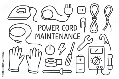 Power Cord Tools. Hand-drawn doodle illustration digital home security computer, smartphone, tablet, lock, shield, wifi signal, firewall, password key,