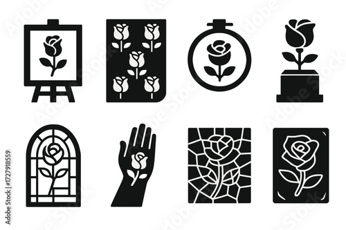 Rose Art Icon Set. Solid, filled icon set of rose art and decor: rose painting, rose wallpaper, rose embroidery, rose sculpture, rose stained glass, rose