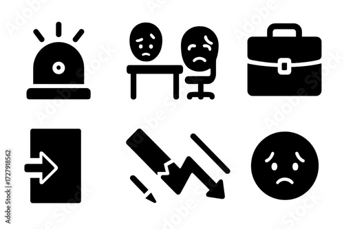 Job Crisis Icons. Solid, filled icon set of job crisis: alarm bell, empty desk, worried face, closed briefcase, exit door, broken pencil, down arrow, sad