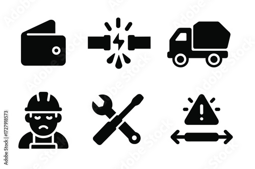 Resource Strain Icons. Solid, filled icon set of resource strain: empty wallet, bursting pipes, broken cogwheel, overloaded truck, tired worker, crossed tools,