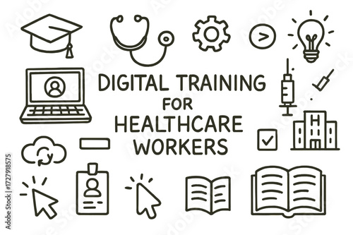 Digital Healthcare Training Icons. Hand-drawn doodle illustration Digital training for healthcare workers [graduation cap, stethoscope, gear, laptop, video