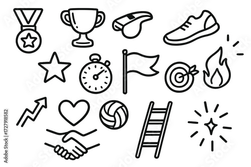 Sports Achievement Icons. Hand-drawn doodle illustration Sports achievements and winning medal, trophy, whistle, running shoe, star, stopwatch, flag, target,