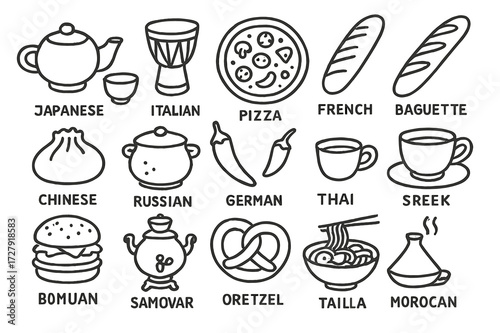 Global Culinary Icons. Hand-drawn doodle illustration Cultural icons Japanese tea set, African drum, Italian pizza, French baguette, Chinese dumpling, Indian