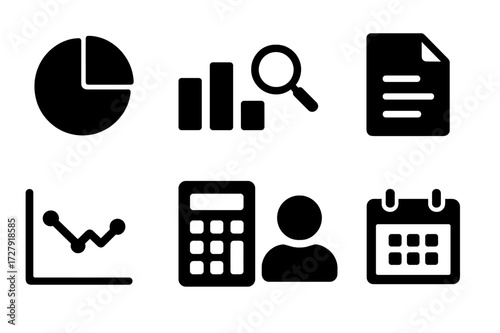Unemployment Icon Set. Solid, filled icon set of unemployment statistics: pie chart, bar graph, magnifying glass, document, line chart, calculator, person