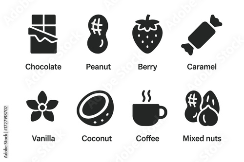 Energy Bar Icons. Solid, filled icon set of energy bar flavors: chocolate, peanut, berry, caramel, vanilla, coconut, coffee, mixed nuts. [Solid, filled icons
