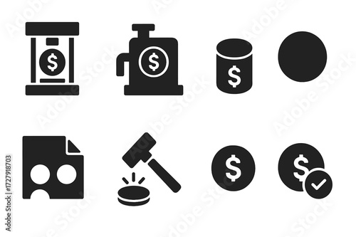 Coin Manufacturing Icons. Solid, filled icon set of coin manufacturing: coin press, minting machine, coin die, blank coin, metal sheet, stamping hammer,
