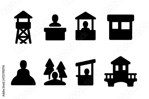 Watcher Locations Icons. Solid, filled icon set of watcher locations: watchtower, guard post, rooftop, security booth, lookout hill, forest clearing,