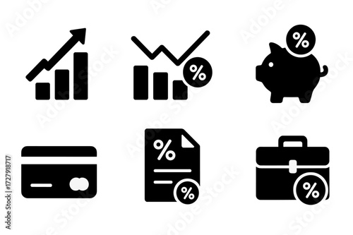 Interest Rates Icons. Solid, filled icon set of interest rate impact: growth chart, decline chart, wallet, piggy bank, credit card, loan application, savings