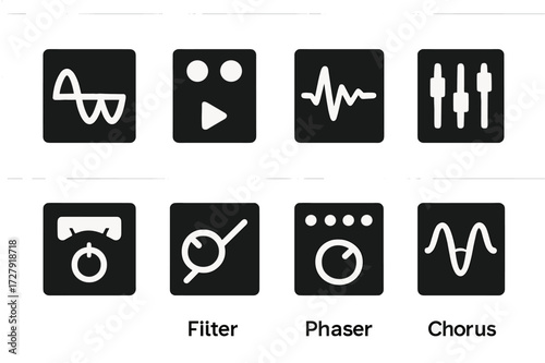 Beatmaking Effects Icons. Solid, filled icon set of beatmaking effects: reverb, delay, distortion, EQ, compressor, filter, phaser, chorus. Solid, filled icons